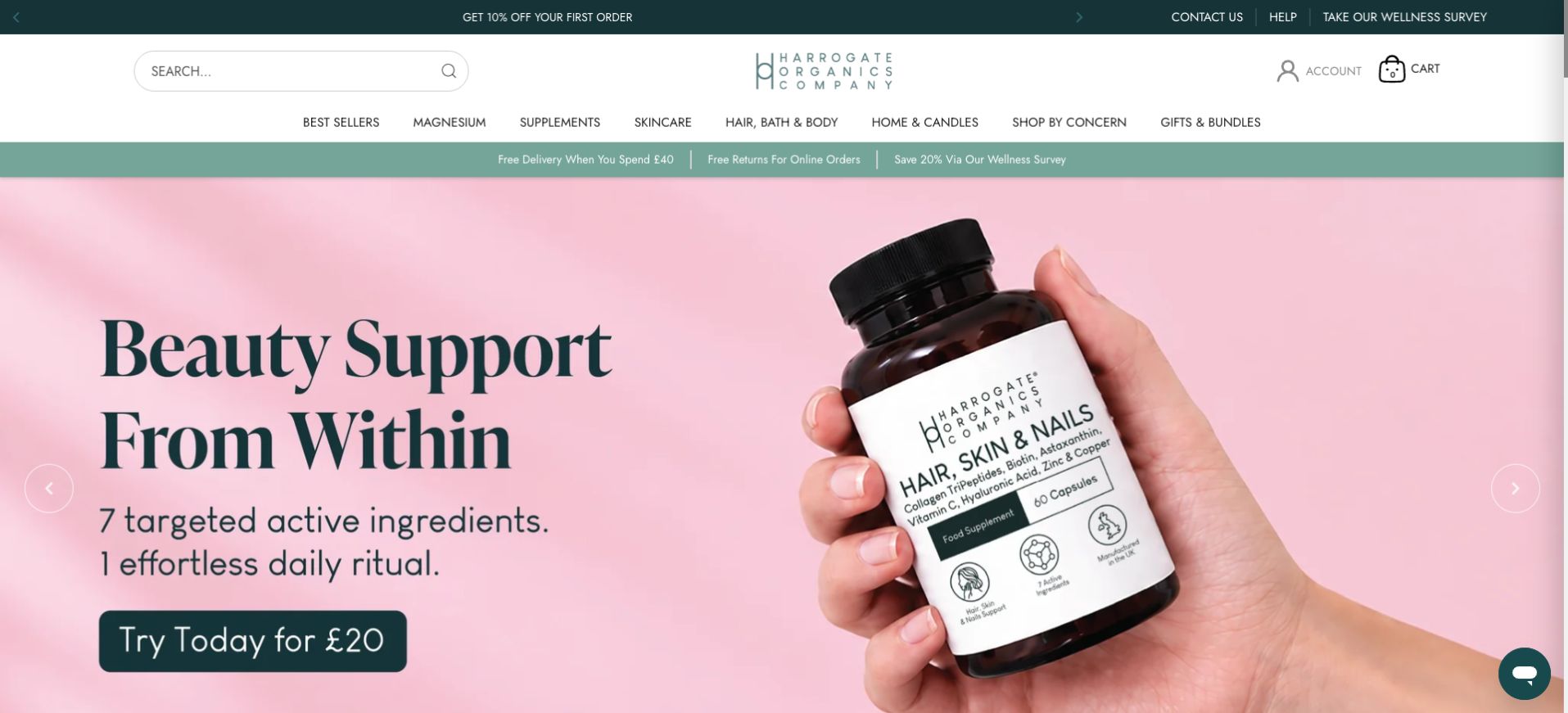 Harrogate Organics Shopify storefront, showing its navigation and skincare supplement campaign