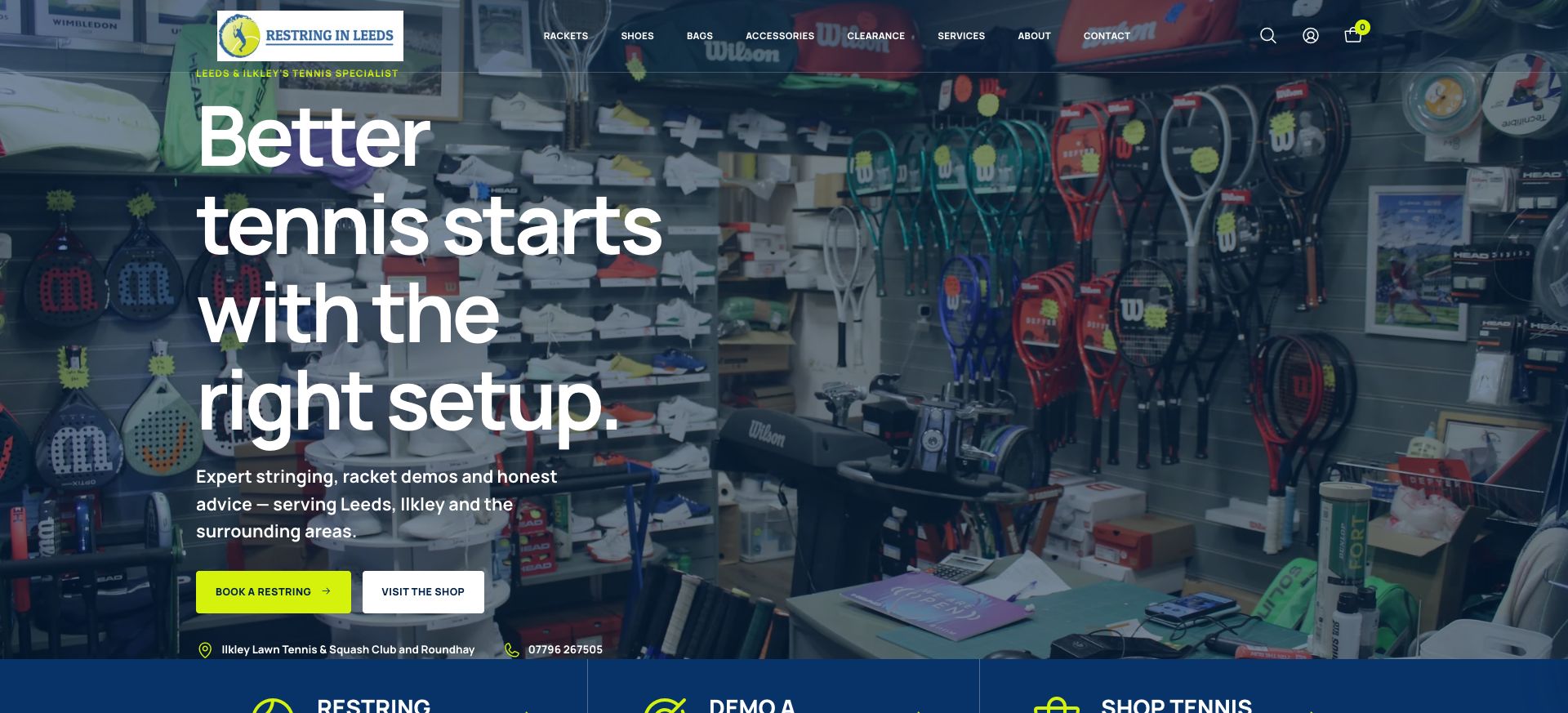 Current Restring in Leeds website showing its tennis shop, navigation and racket restringing services