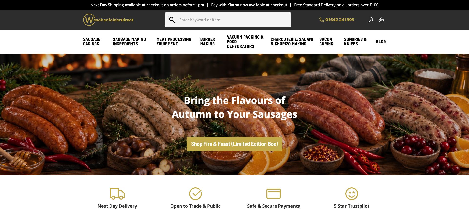 Current Weschenfelder storefront with its product navigation and autumn sausage-making campaign